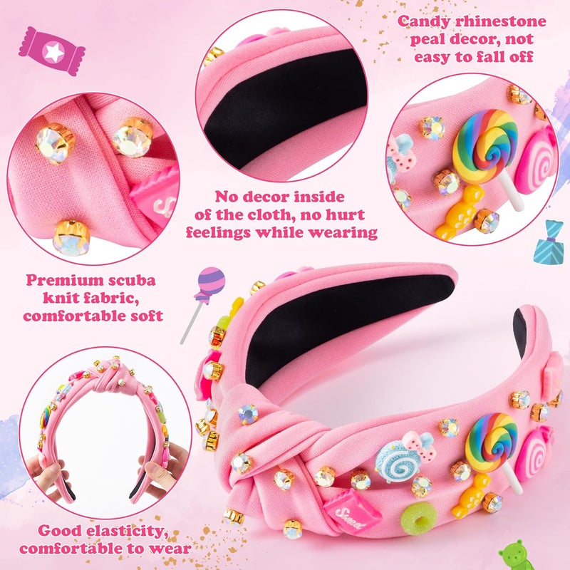 PANTIDE Candy Jeweled Knotted Headband - Christmas Rainbow Lollipop Rhinestone Embellished Preppy Headband Non Slip Wide Top Knot Hairband Hair Accessories Birthday Gift for Women Girls (Pink) - Image 3
